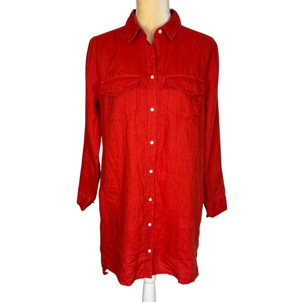 Banana‎ Republic Alexi Orange Red Linen Button Front Long Sleeve Shirt Dress M